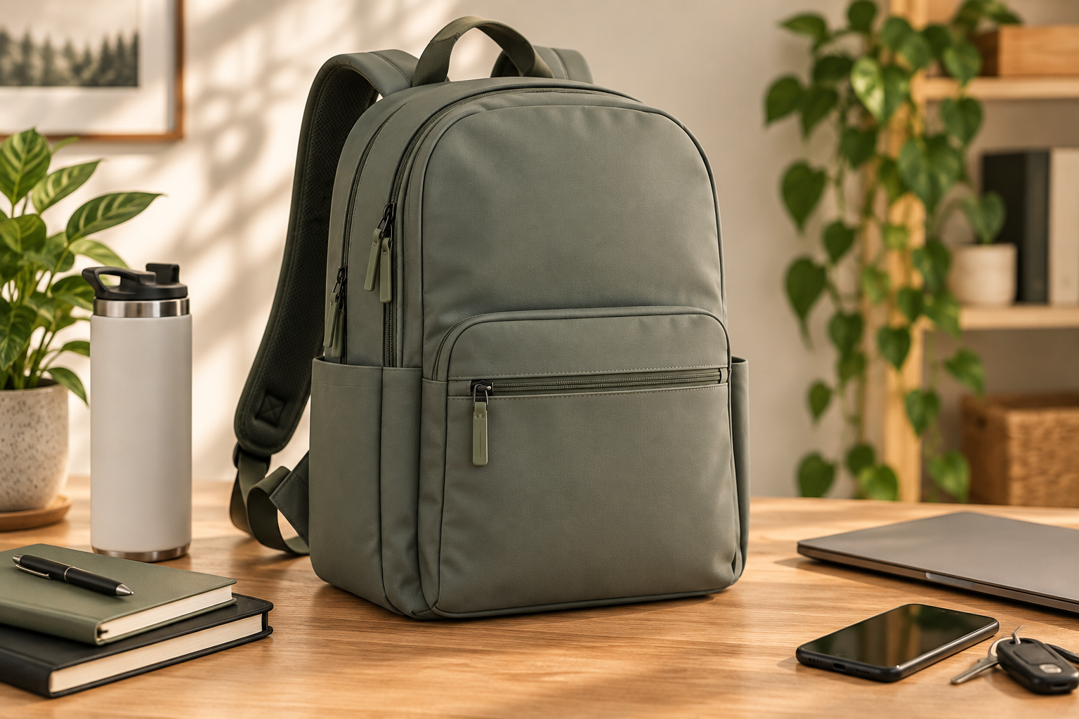 Green backpack on a desk with laptop and everyday essentials