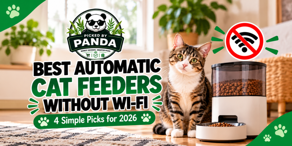Picked By Panda graphic showing a cat beside an automatic cat feeder with the text “Best Automatic Cat Feeders Without Wi-Fi – 4 Simple Picks for 2026.”