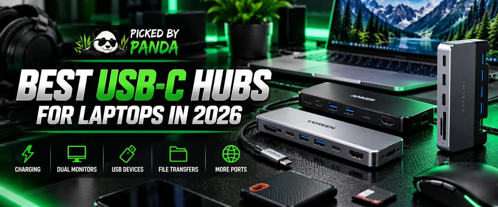 Best USB-C hubs for laptops in 2026 featuring a laptop, USB-C adapters, and Picked By Panda branding